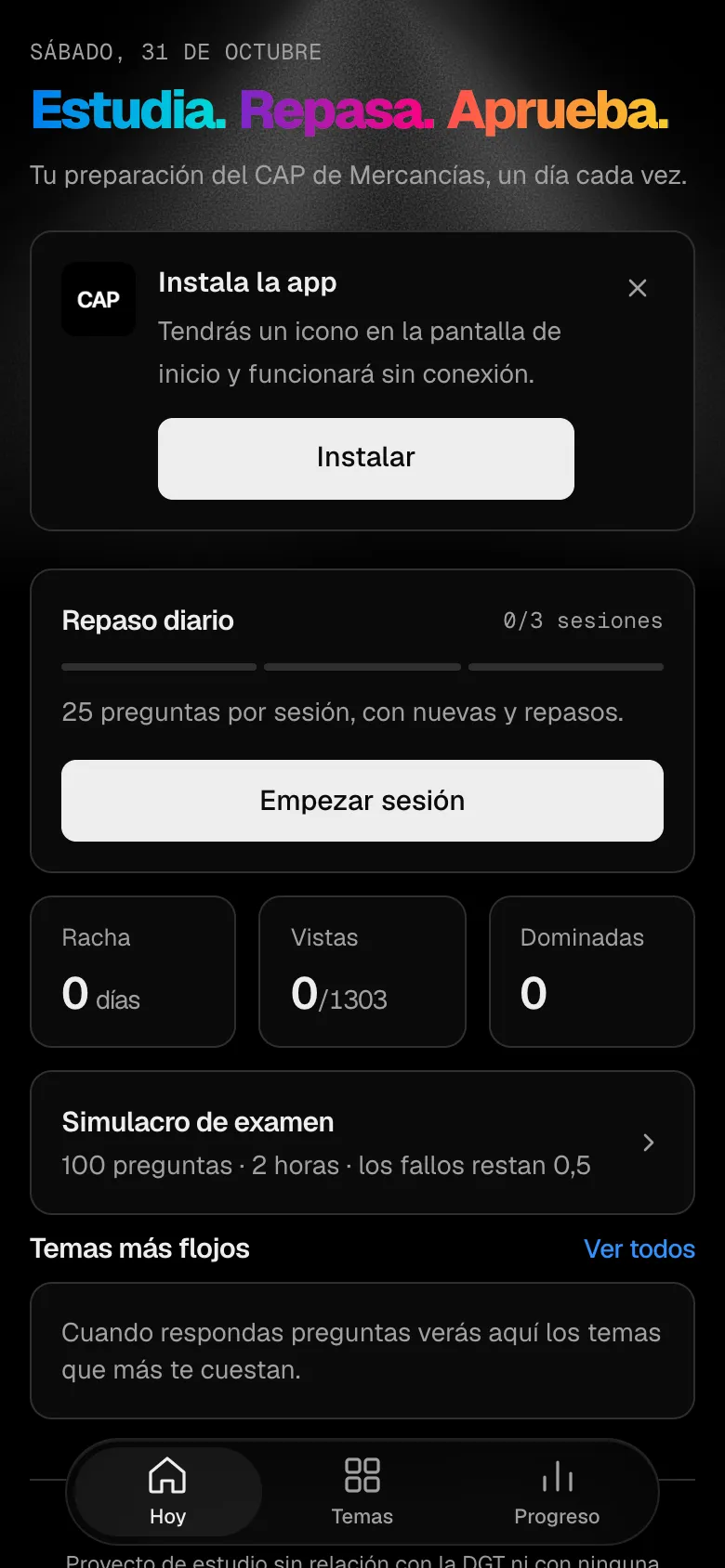CAP Estudio en un móvil: repaso diario, racha, simulacro de examen y temas más flojos.