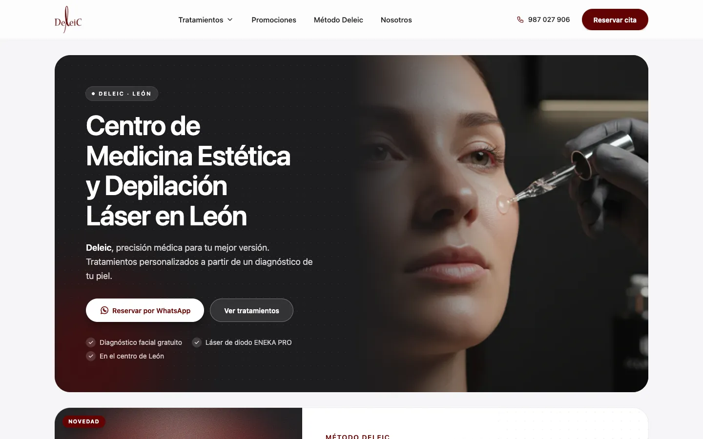Portada de la web de Deleic en ordenador: "Centro de Medicina Estética y Depilación Láser en León" con el botón Reservar por WhatsApp.